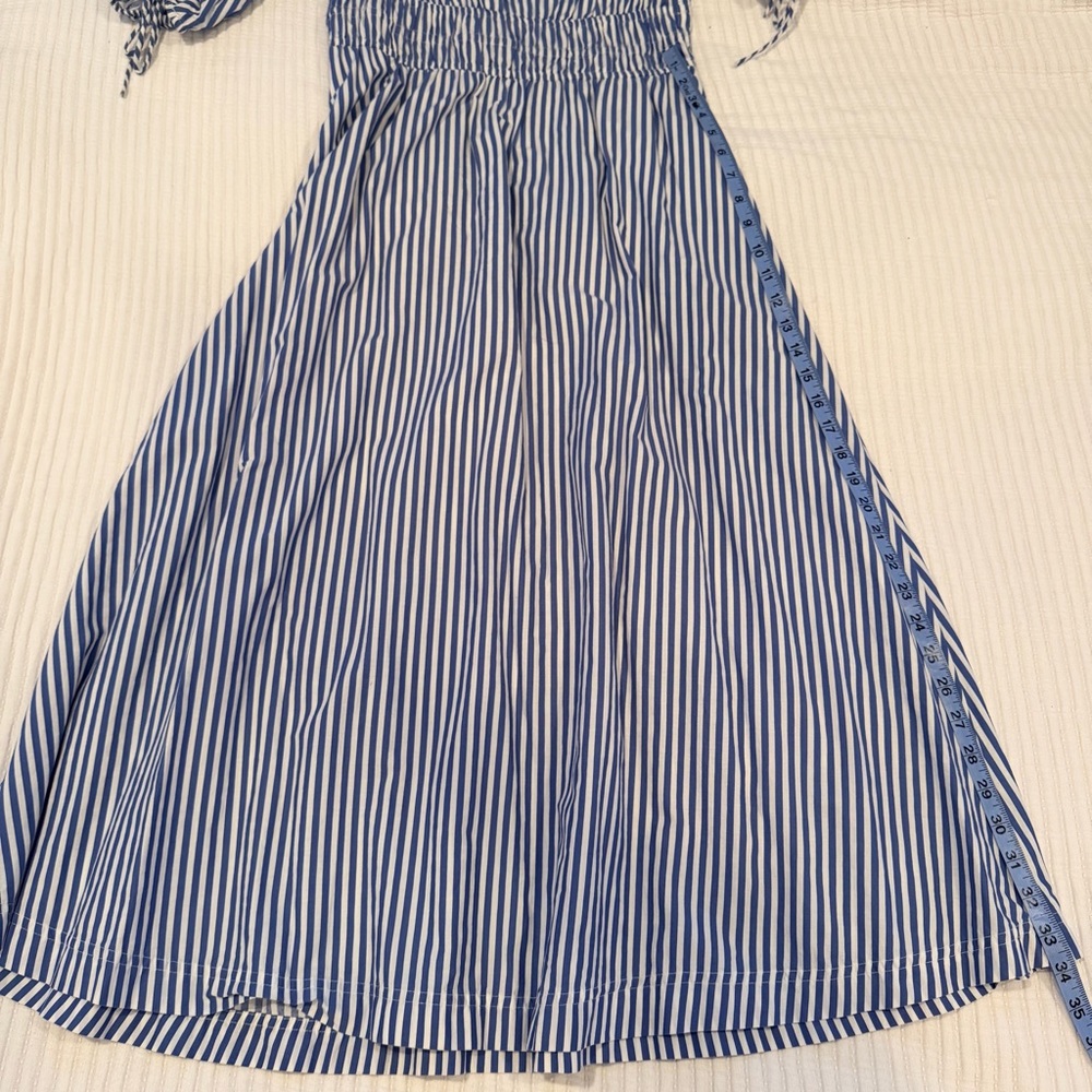 LOFT Striped Midi Dress Tie Puff Sleeve Blue Tan Minimalist Women's Dress MP - Picture 11 of 11